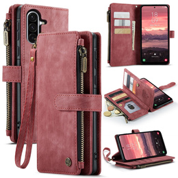 Husa CASEME pentru Samsung Galaxy A56 5G, Leather Wallet Cash and Card Slots, cu curea, roșu