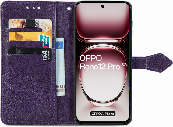 Cu clapetă pentru Oppo Reno 12 Pro, Mandala, violet