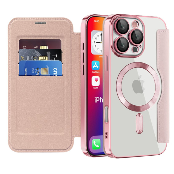 Cu clapetă pentru iPhone 16 Pro Max, RFID Wallet MagSafe CamShield, roz