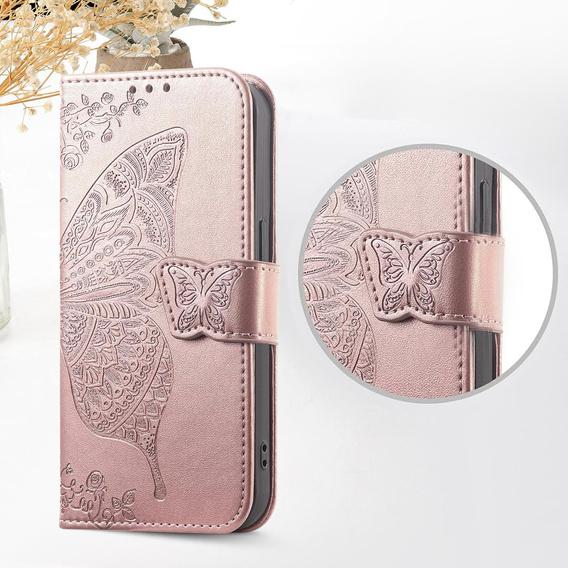 Cu clapetă pentru Xiaomi Redmi 15C 4G/LTE, Butterfly, roz rose gold
