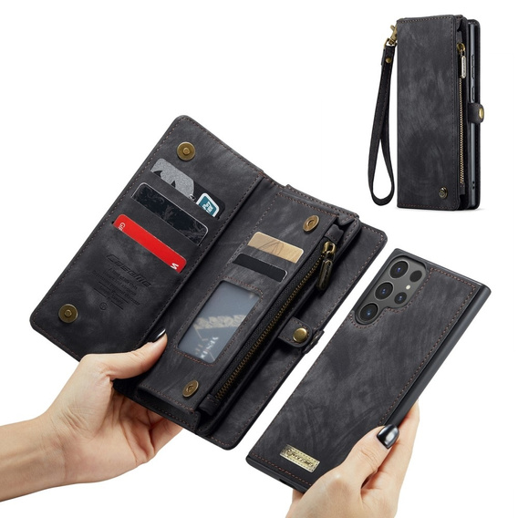 Husă CASEME pentru Samsung Galaxy S25 Ultra, Retro Leather Wallet, cu curea de umăr, negru