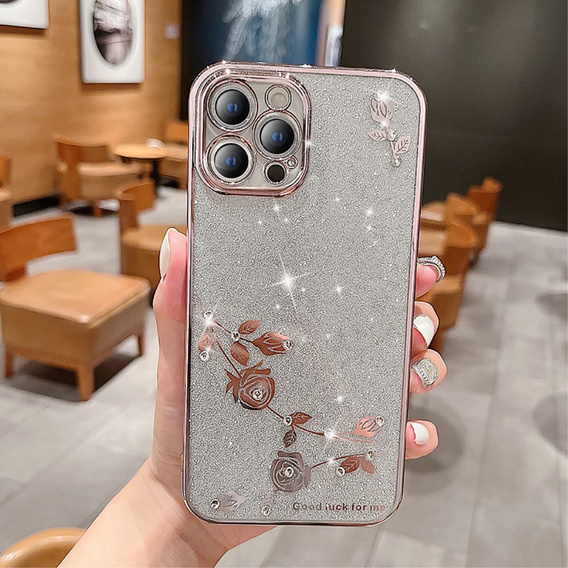 Husă pentru iPhone 14 Pro Max, Glitter Flower, roz rose gold