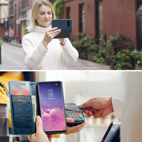 Carcasă flip CASEME pentru Samsung Galaxy S10+ Plus, Waxy Textured, albastru