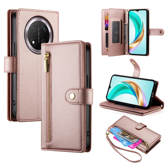 Cu clapetă pentru Honor Magic 7 Lite, Wallet Zipper Pocket, roz