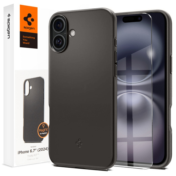 Carcasa Spigen pentru iPhone 16 Plus, Thin Fit Mag, gri + sticlă temperată 9H