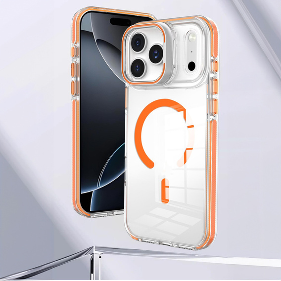 Husă pentru iPhone 17 Pro Max, pentru MagSafe, cu suport, transparentă cu inserții portocalii