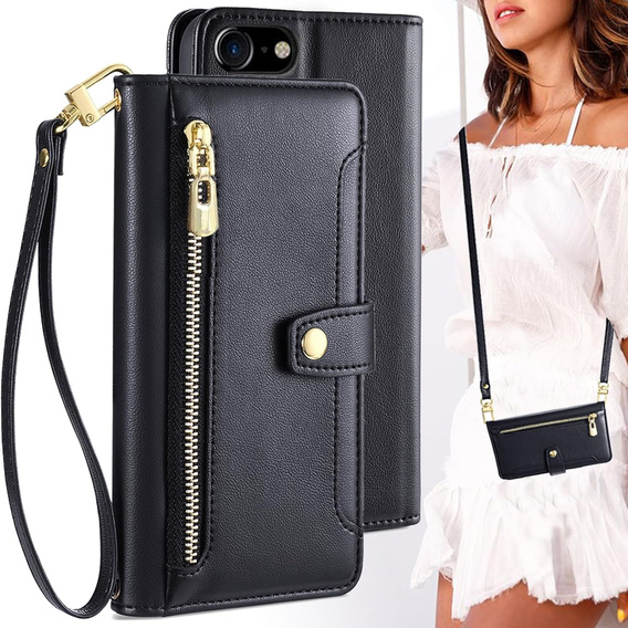 Cu clapetă pentru iPhone 16E, Wallet Zipper Pocket, negru