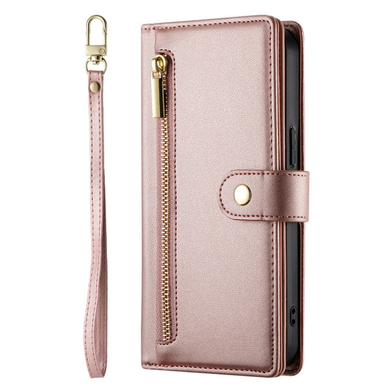 Cu clapetă pentru iPhone 16 Plus, Wallet Zipper Pocket, roz