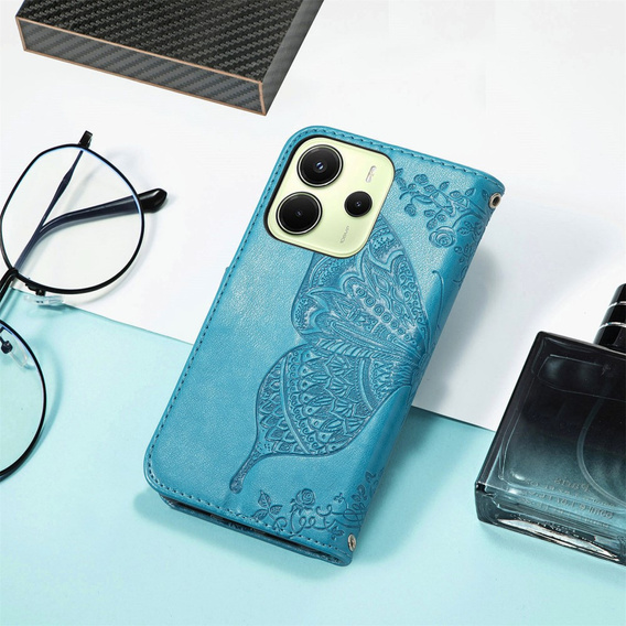 Cu clapetă pentru Xiaomi Redmi Note 14 4G, Butterfly, albastru