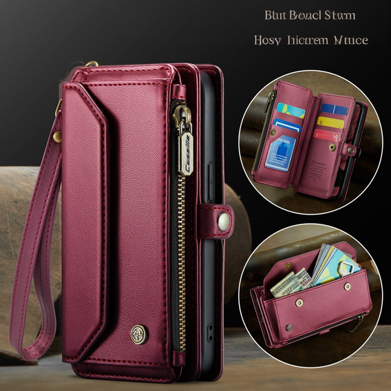 Husă CASEME pentru iPhone16e, RFID Leather Wallet, cu curea de umăr, roșu