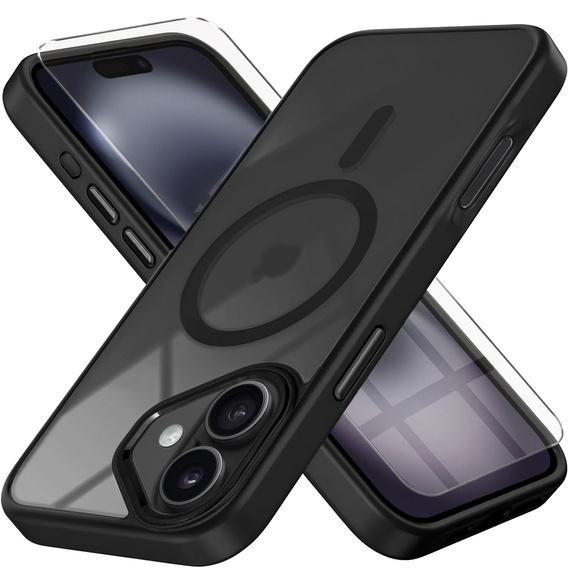 Husă pentru iPhone 16 Plus, pentru MagSafe, ERBORD Matt Case, transparent / negru + sticlă pentru ecran