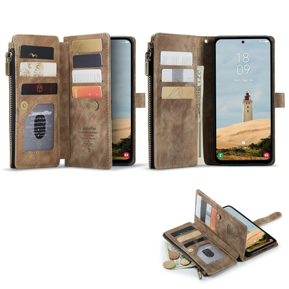 Husa CASEME pentru Samsung Galaxy A56 5G, Leather Wallet Cash and Card Slots, cu curea, maro