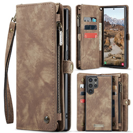 Husă CASEME pentru Samsung Galaxy S25 Ultra, Retro Leather Wallet, cu curea de umăr, maro