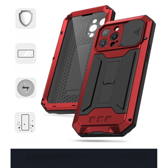 Husă pentru iPhone 13 Pro Max, R-JUST CamShield Slide, armată, roșu / negru