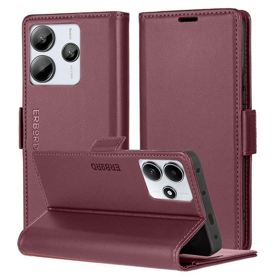 Husă pentru Xiaomi Redmi Note 14 5G, ERBORD Glossy Litchi, portofel cu clapetă, roșu