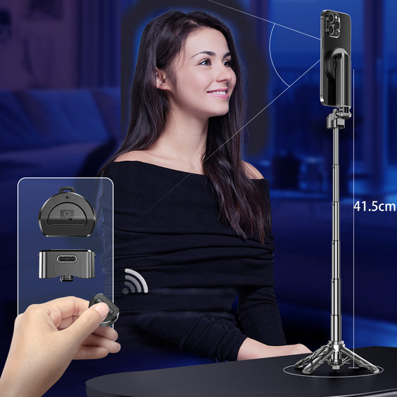 Selfie Stick din aluminiu cu funcție de trepied și telecomandă Bluetooth, pentru smartphone-uri