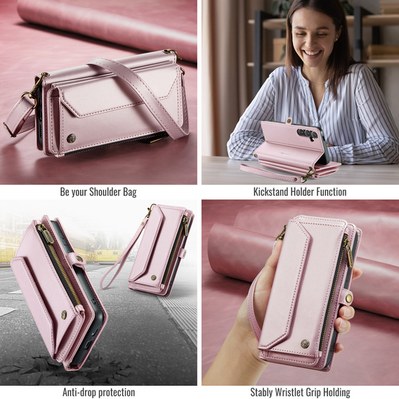 Husă CASEME pentru Samsung Galaxy S25 FE, RFID Leather Wallet, cu curea de umăr, roz