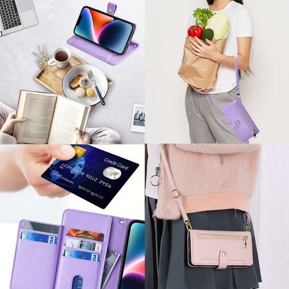 Cu clapetă pentru iPhone 14, Wallet Zipper Pocket, violet