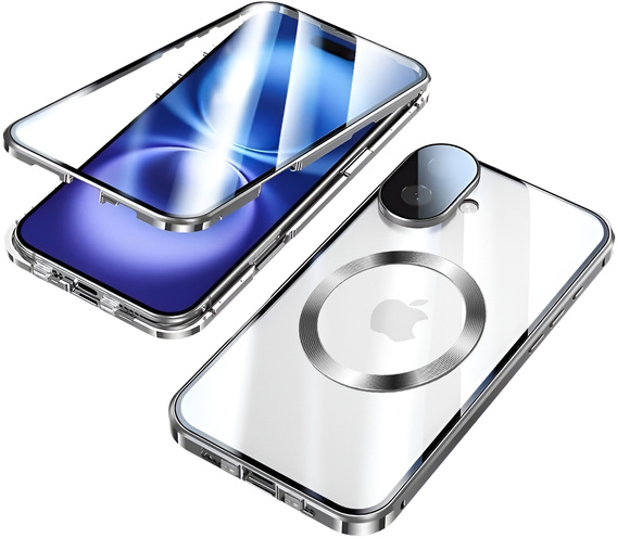 Carcasa Magnetic Dual Glass MagSafe pentru iPhone 16, de argint