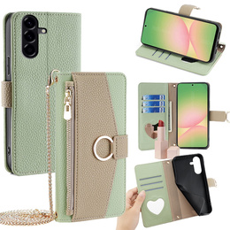 Carcasă flip pentru Samsung Galaxy A56 5G, Wallet Zipper Pocket, cu oglindă, verde