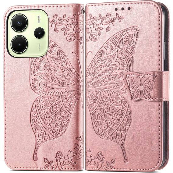 Cu clapetă pentru Xiaomi Redmi Note 14 4G, Butterfly, roz rose gold