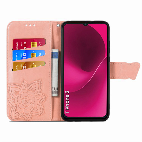 Cu clapetă pentru T Phone 3 5G, Butterfly, roz rose gold