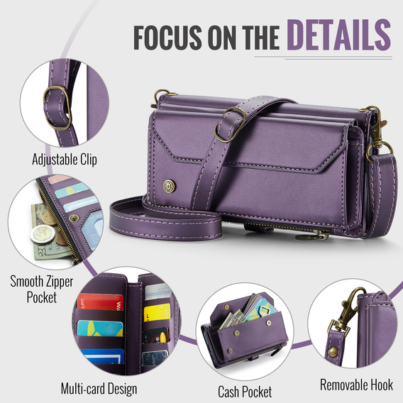 Husă CASEME pentru Samsung Galaxy S25 FE, RFID Leather Wallet, cu curea de umăr, violet