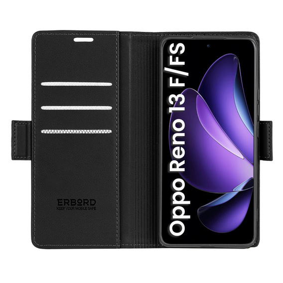 Husă pentru Oppo Reno 13F / Oppo Reno 13FS, ERBORD Glossy Litchi, portofel cu clapetă, negru