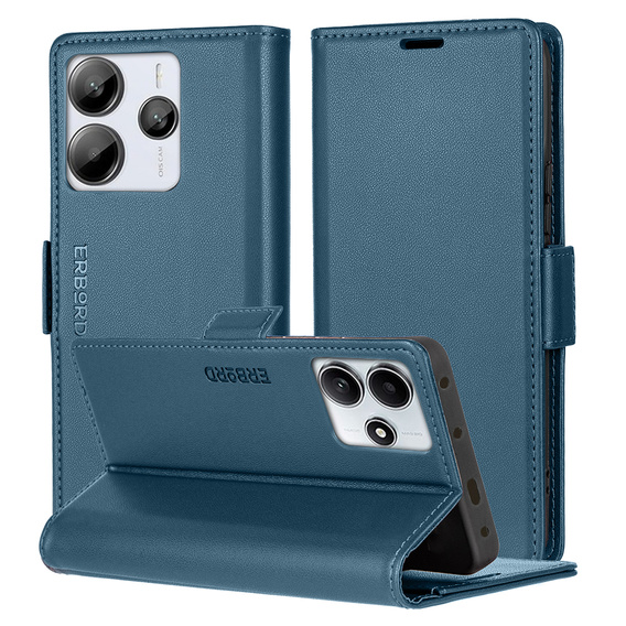 Husă pentru Xiaomi Redmi Note 14 5G, ERBORD Glossy Litchi, portofel cu clapetă, albastru