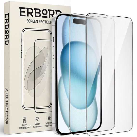 2x sticlă călită pentru iPhone 15, ERBORD 9H Hard Glass pe ecran