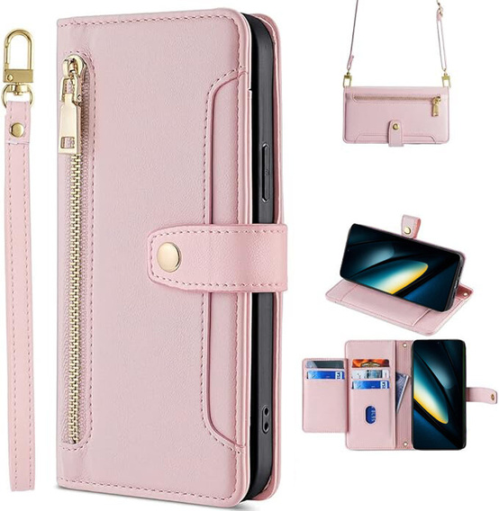 Cu clapetă pentru Xiaomi Poco F6 Pro, Wallet Zipper Pocket, roz