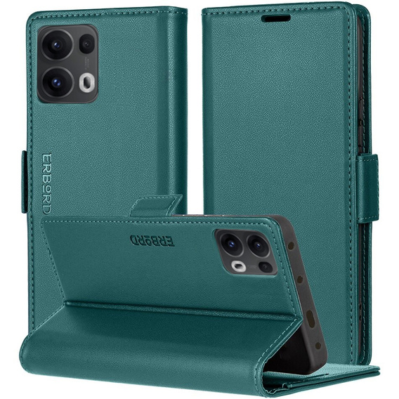 Husă pentru Oppo Reno 13 Pro, ERBORD Glossy Litchi, portofel cu clapetă, verde
