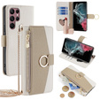 Carcasă flip pentru Samsung Galaxy S22 Ultra, Wallet Zipper Pocket, cu oglindă, alb