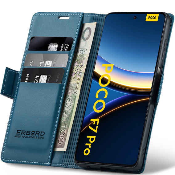 Husă pentru Xiaomi Poco F7 Pro, ERBORD Glossy Litchi, portofel cu clapetă, albastru