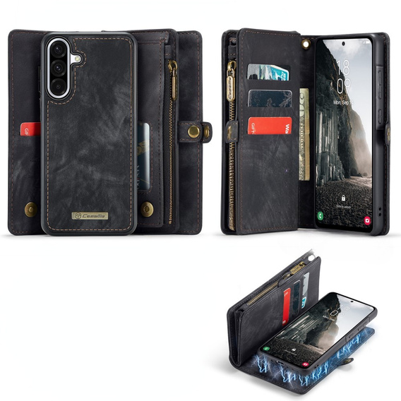 Husă CASEME pentru Samsung Galaxy A56 5G, Retro Leather Wallet, cu curea de umăr, negru
