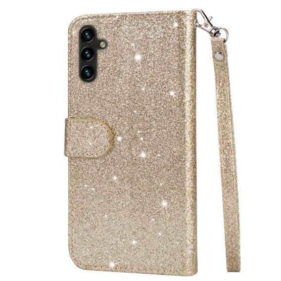 Cu clapetă pentru Samsung Galaxy A55, Wallet Zipper Pocket Glittery, de aur