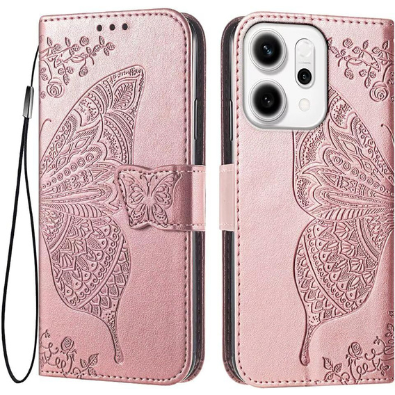 Carcasă cu clapetă pentru Oppo Reno 14, Butterfly, portofel, aur roz