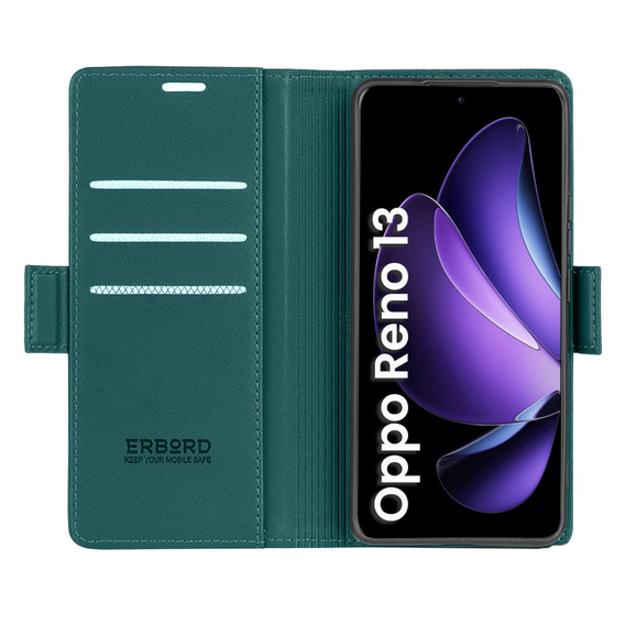 Husă pentru Oppo Reno 13, ERBORD Glossy Litchi, portofel cu clapetă, verde