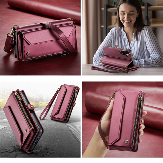 Husă CASEME pentru Samsung Galaxy A56 5G, RFID Leather Wallet, cu curea de umăr, roșu