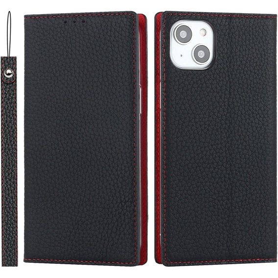Cu clapetă pentru iPhone 15, Litchi Skin Grain, negru