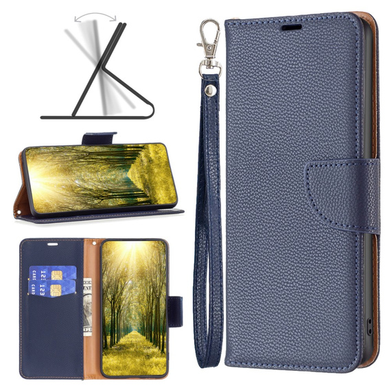 Cu clapetă pentru Samsung Galaxy A25 5G, Wallet Litchi Leather, albastru închis + sticlă 9H