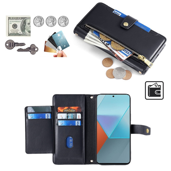 Cu clapetă pentru Xiaomi Redmi Note 13 Pro 5G, Wallet Zipper Pocket, negru