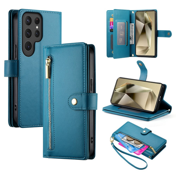 Cu clapetă pentru Samsung Galaxy S25 Ultra, Wallet Zipper Pocket, albastru