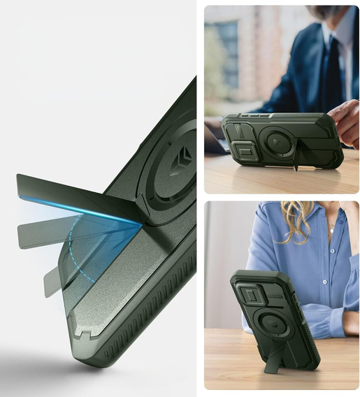 Husă blindată pentru iPhone 16 Pro, Dexnor CamProtect MagSafe, verde (Două rame)