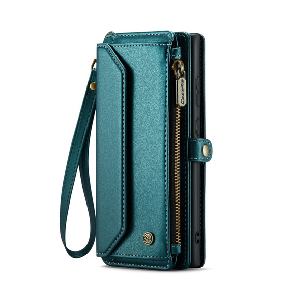 Husă CASEME pentru Samsung Galaxy S25 Ultra, RFID Leather Wallet, cu curea de umăr, verde