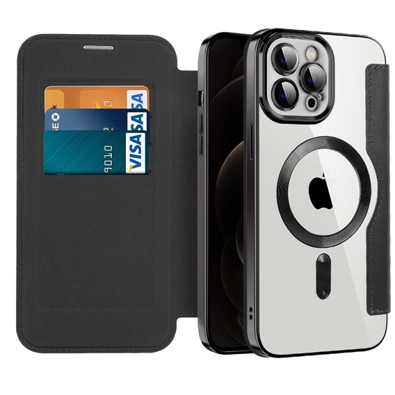 Cu clapetă pentru iPhone 12 Pro, RFID Wallet MagSafe CamShield, negru