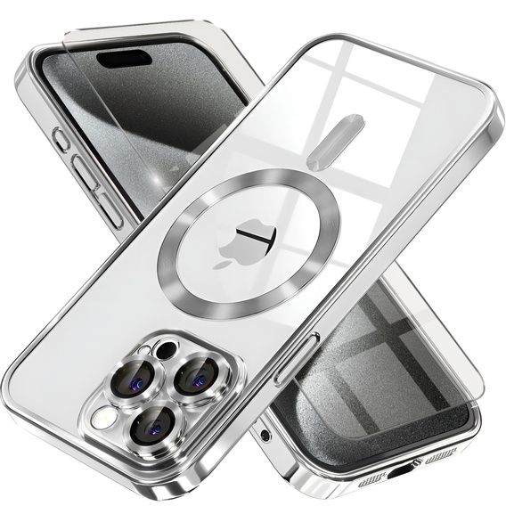 Husă pentru iPhone 15 Pro Max, Electro MagSafe, de argint + Sticlă pentru ecran