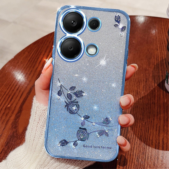 Husă pentru Xiaomi Redmi Note 13 Pro 4G / Xiaomi Redmi Note 14S / Xiaomi Poco M6 Pro 4G, Glitter Flower, albastru