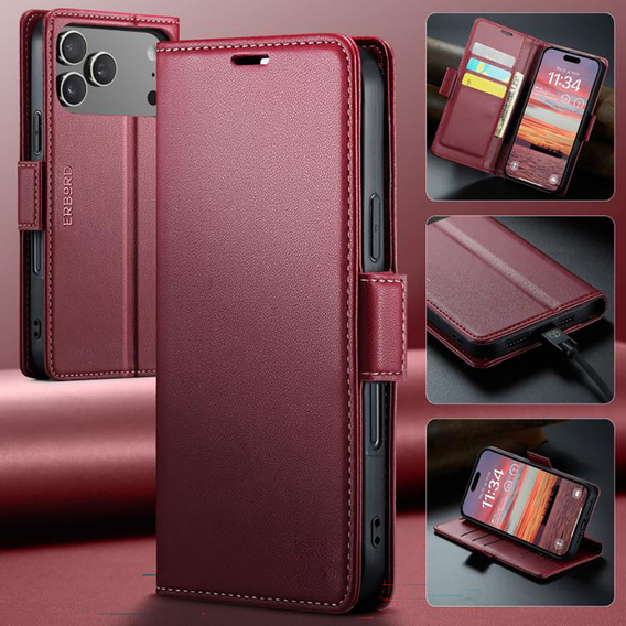 ERBORD Glossy Litchi caz, flip portofel pentru iPhone 17 Pro Max