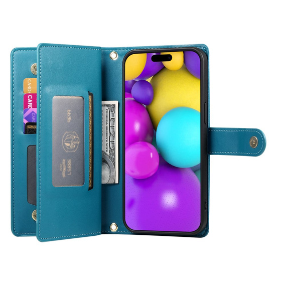 Cu clapetă pentru iPhone 16, Wallet Zipper Pocket, albastru